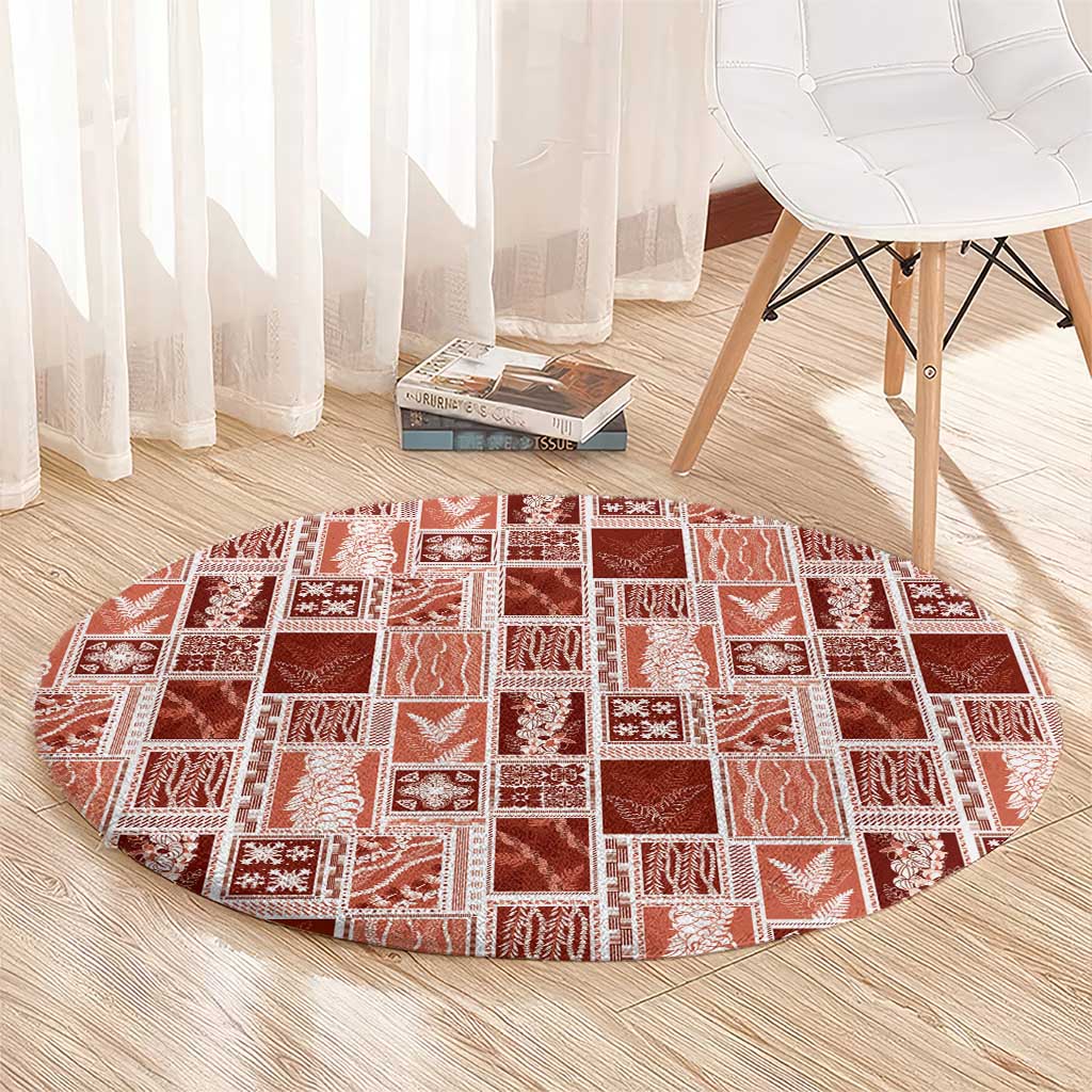 Vintage Aloha Block Quilt Round Carpet Red Inspired Lei Motifs - Polynesian Pride