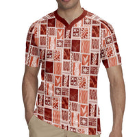 Vintage Aloha Block Quilt Rugby Jersey Red Inspired Lei Motifs - Polynesian Pride