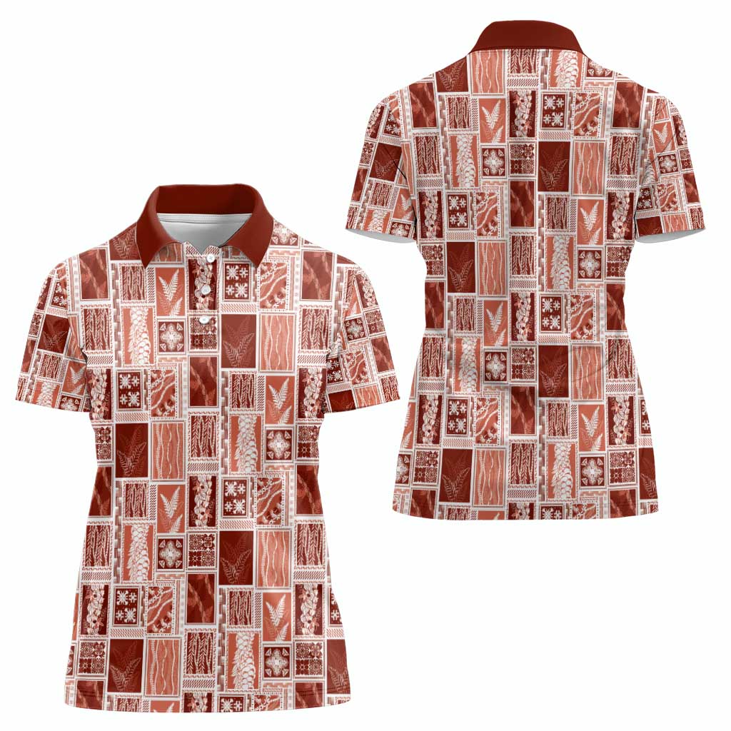 Vintage Aloha Block Quilt Women Polo Shirt Red Inspired Lei Motifs - Polynesian Pride