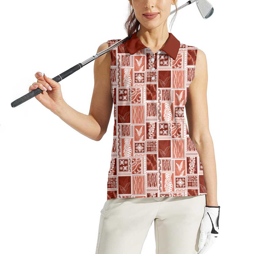 Vintage Aloha Block Quilt Women Sleeveless Polo Shirt Red Inspired Lei Motifs LT9 - Polynesian Pride