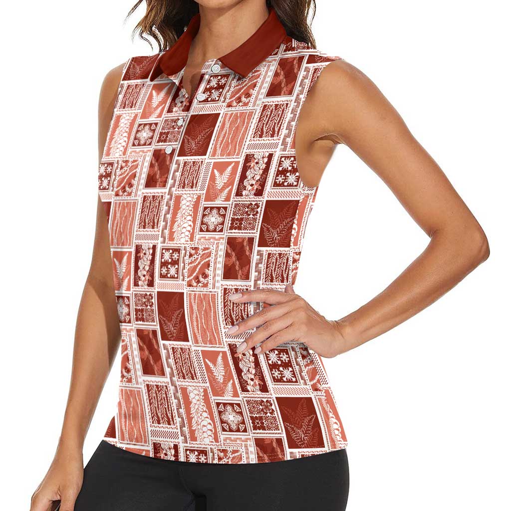 Vintage Aloha Block Quilt Women Sleeveless Polo Shirt Red Inspired Lei Motifs LT9 - Polynesian Pride