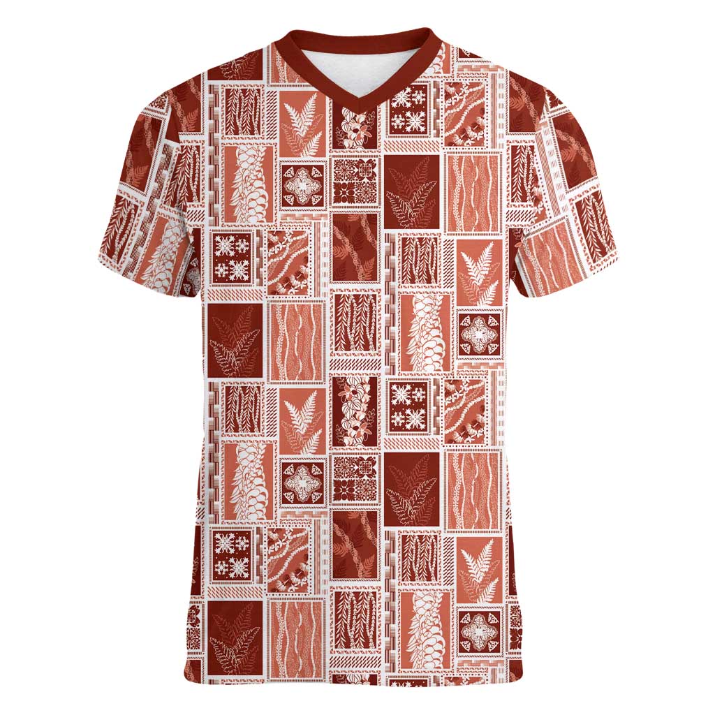 Vintage Aloha Block Quilt Women V-Neck T-Shirt Red Inspired Lei Motifs LT9 Female Red - Polynesian Pride