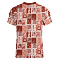 Vintage Aloha Block Quilt Women V-Neck T-Shirt Red Inspired Lei Motifs LT9 - Polynesian Pride