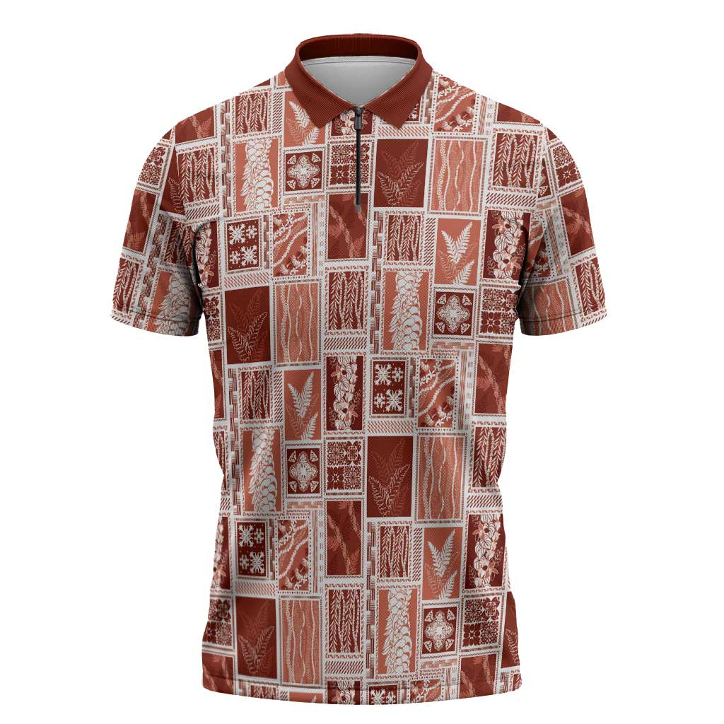 Vintage Aloha Block Quilt Zipper Polo Shirt Red Inspired Lei Motifs - Polynesian Pride