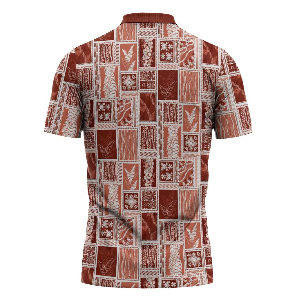 Vintage Aloha Block Quilt Zipper Polo Shirt Red Inspired Lei Motifs - Polynesian Pride