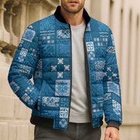 Vintage Hawaiian Quilting Patterns Bomber Puffer Jacket Blue Style Tribal Fabric Patchwork - Polynesian Pride