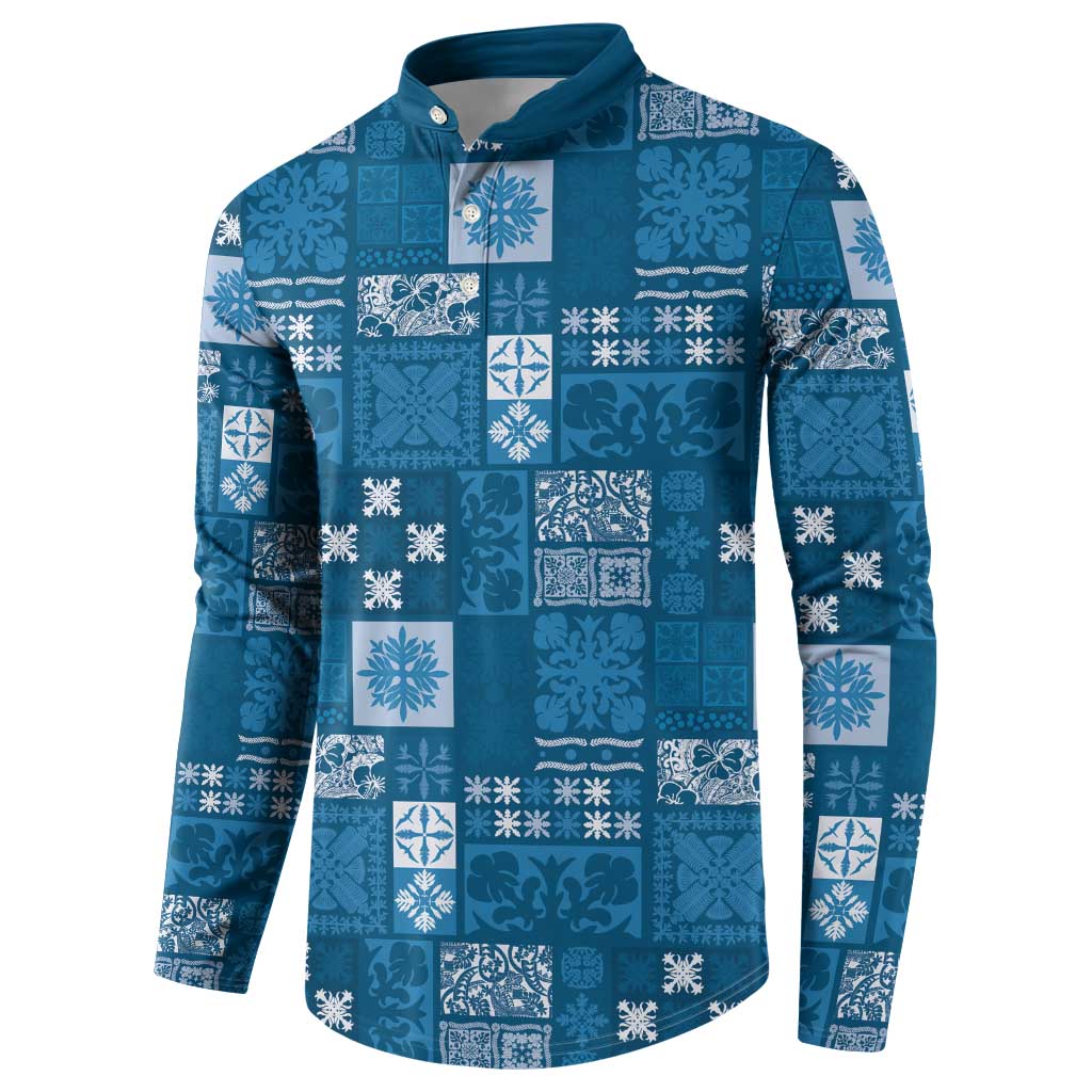 Vintage Hawaiian Quilting Patterns Button Sweatshirt Blue Style Tribal Fabric Patchwork - Polynesian Pride