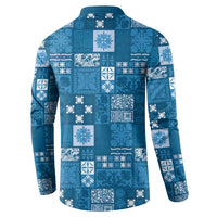 Vintage Hawaiian Quilting Patterns Button Sweatshirt Blue Style Tribal Fabric Patchwork - Polynesian Pride
