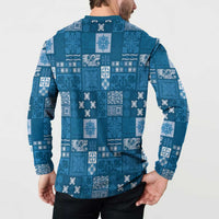 Vintage Hawaiian Quilting Patterns Button Sweatshirt Blue Style Tribal Fabric Patchwork - Polynesian Pride