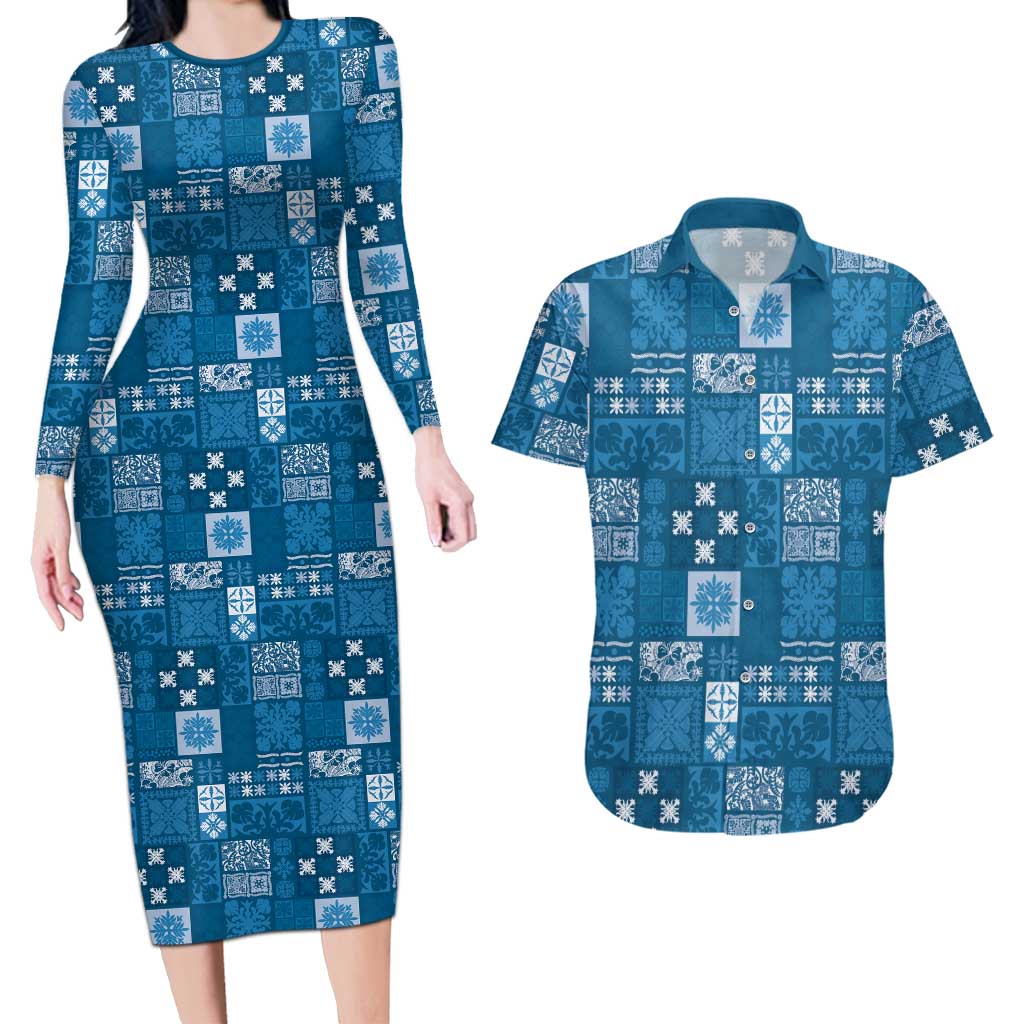 Vintage Hawaiian Quilting Patterns Couples Matching Long Sleeve Bodycon Dress and Hawaiian Shirt Blue Style Tribal Fabric Patchwork - Polynesian Pride