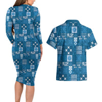Vintage Hawaiian Quilting Patterns Couples Matching Long Sleeve Bodycon Dress and Hawaiian Shirt Blue Style Tribal Fabric Patchwork - Polynesian Pride