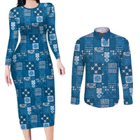 Vintage Hawaiian Quilting Patterns Couples Matching Long Sleeve Bodycon Dress and Long Sleeve Button Shirt Blue Style Tribal Fabric Patchwork - Polynesian Pride