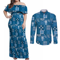 Vintage Hawaiian Quilting Patterns Couples Matching Off Shoulder Maxi Dress and Long Sleeve Button Shirt Blue Style Tribal Fabric Patchwork - Polynesian Pride