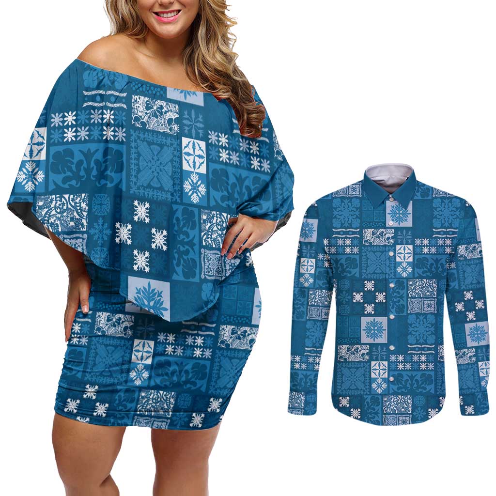 Vintage Hawaiian Quilting Patterns Couples Matching Off Shoulder Short Dress and Long Sleeve Button Shirt Blue Style Tribal Fabric Patchwork - Polynesian Pride