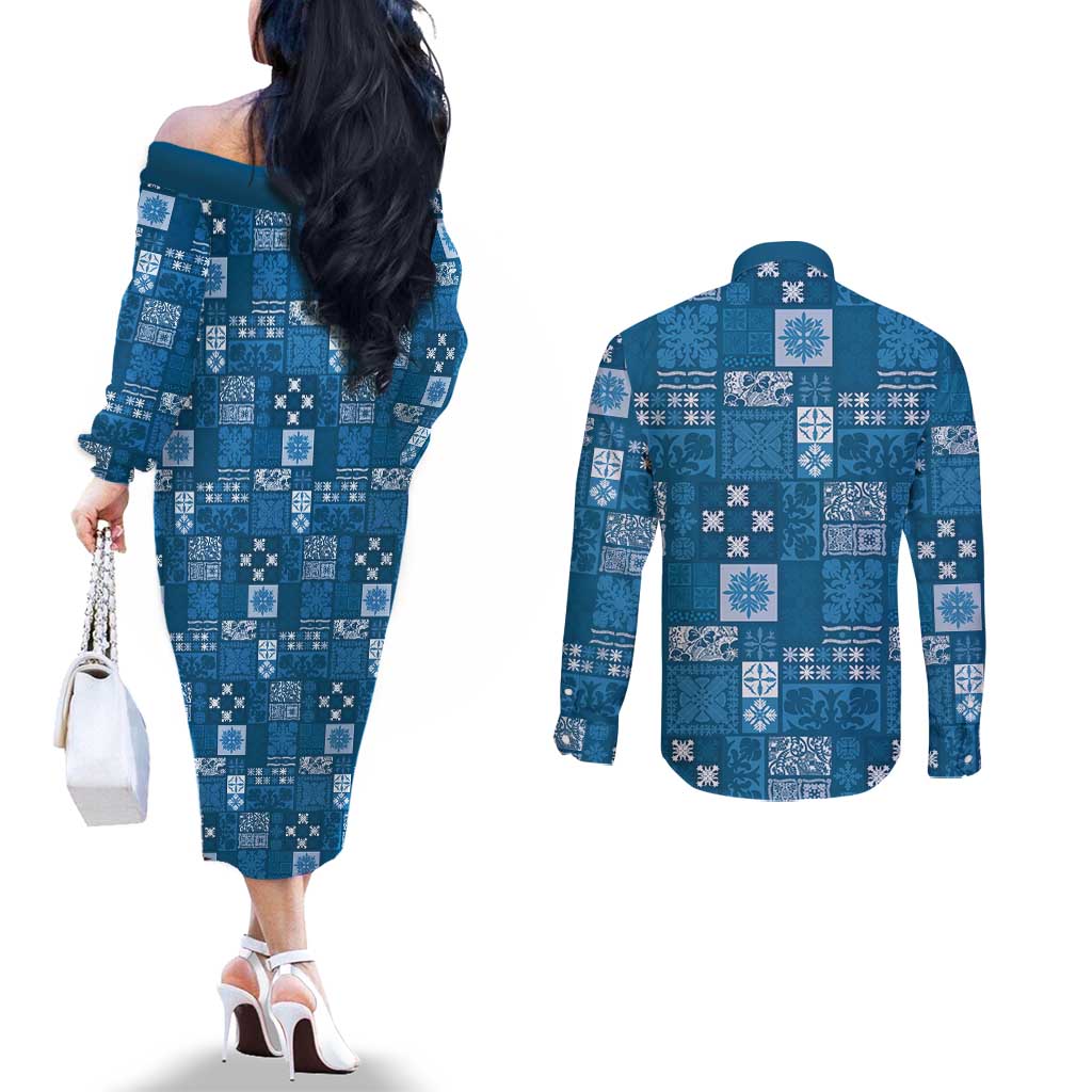 Vintage Hawaiian Quilting Patterns Couples Matching Off The Shoulder Long Sleeve Dress and Long Sleeve Button Shirt Blue Style Tribal Fabric Patchwork - Polynesian Pride