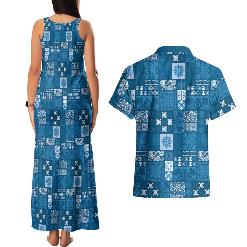 Vintage Hawaiian Quilting Patterns Couples Matching Tank Maxi Dress and Hawaiian Shirt Blue Style Tribal Fabric Patchwork - Polynesian Pride