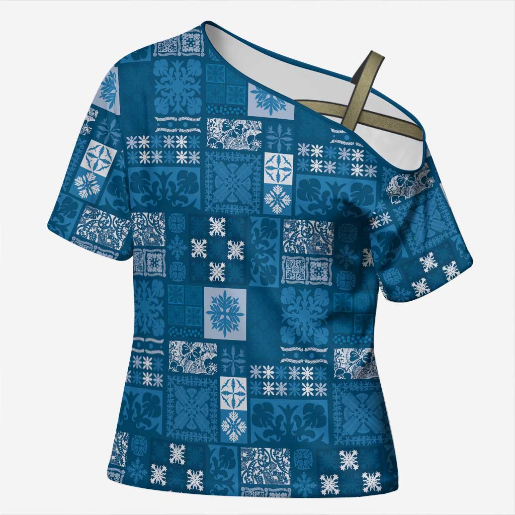 Vintage Hawaiian Quilting Patterns Cross Shoulder Shirt Blue Style Tribal Fabric Patchwork - Polynesian Pride