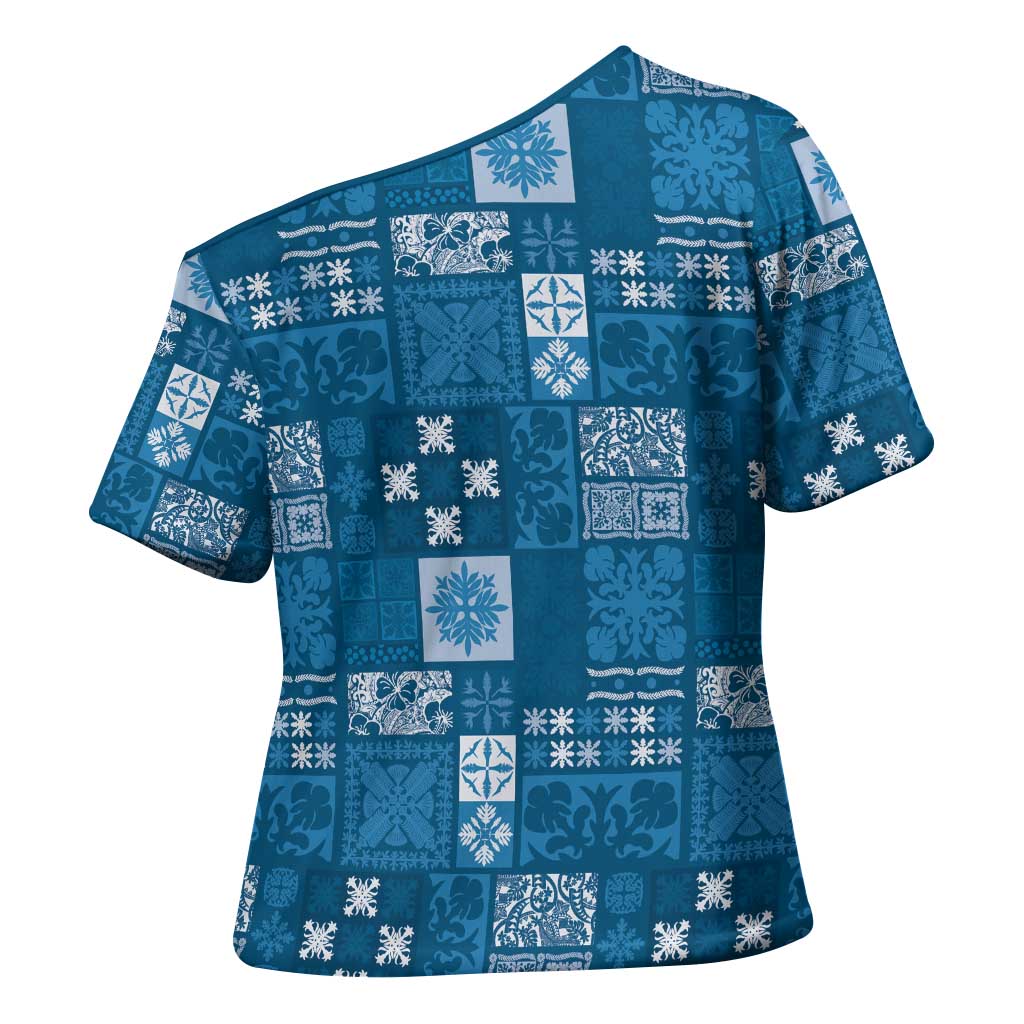 Vintage Hawaiian Quilting Patterns Cross Shoulder Shirt Blue Style Tribal Fabric Patchwork - Polynesian Pride