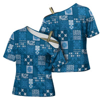 Vintage Hawaiian Quilting Patterns Cross Shoulder Shirt Blue Style Tribal Fabric Patchwork - Polynesian Pride