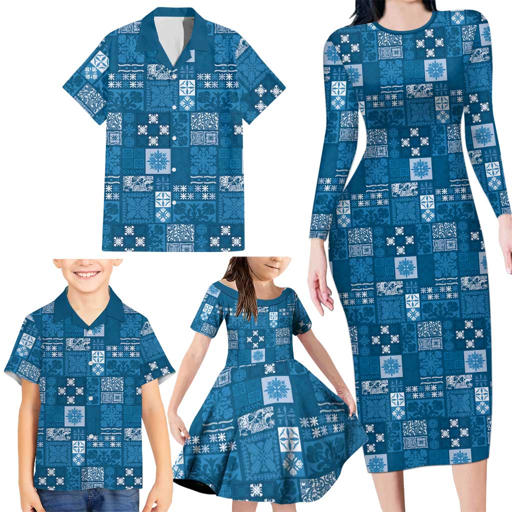 Vintage Hawaiian Quilting Patterns Family Matching Long Sleeve Bodycon Dress and Hawaiian Shirt Blue Style Tribal Fabric Patchwork LT9 - Polynesian Pride