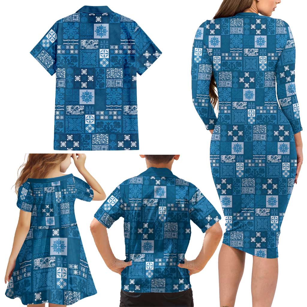 Vintage Hawaiian Quilting Patterns Family Matching Long Sleeve Bodycon Dress and Hawaiian Shirt Blue Style Tribal Fabric Patchwork LT9 - Polynesian Pride