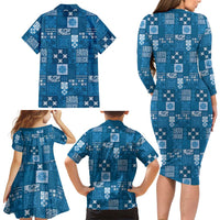 Vintage Hawaiian Quilting Patterns Family Matching Long Sleeve Bodycon Dress and Hawaiian Shirt Blue Style Tribal Fabric Patchwork LT9 - Polynesian Pride