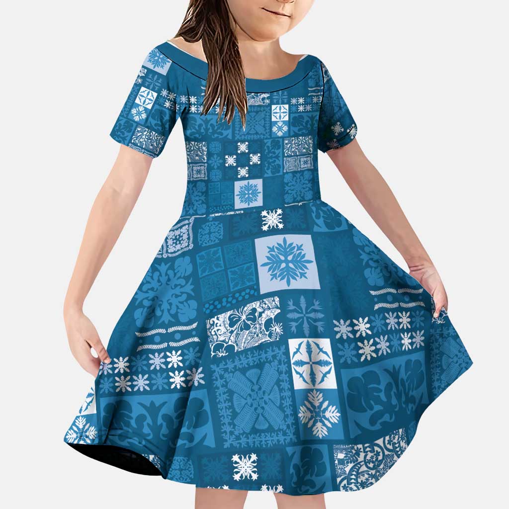 Vintage Hawaiian Quilting Patterns Family Matching Mermaid Dress and Hawaiian Shirt Blue Style Tribal Fabric Patchwork LT9 Daughter's Dress Blue - Polynesian Pride
