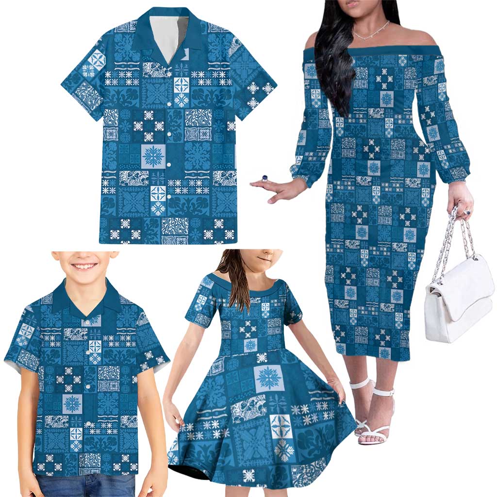 Vintage Hawaiian Quilting Patterns Family Matching Off The Shoulder Long Sleeve Dress and Hawaiian Shirt Blue Style Tribal Fabric Patchwork LT9 - Polynesian Pride