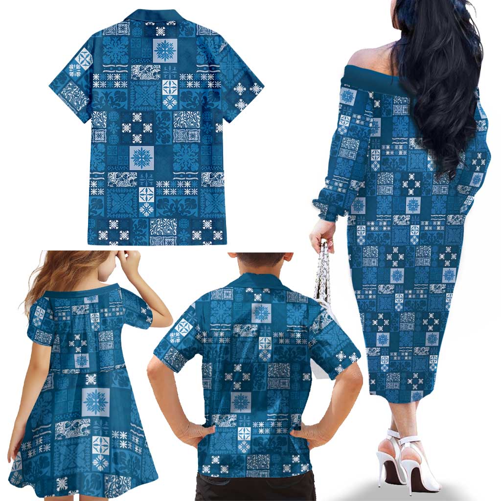 Vintage Hawaiian Quilting Patterns Family Matching Off The Shoulder Long Sleeve Dress and Hawaiian Shirt Blue Style Tribal Fabric Patchwork LT9 - Polynesian Pride
