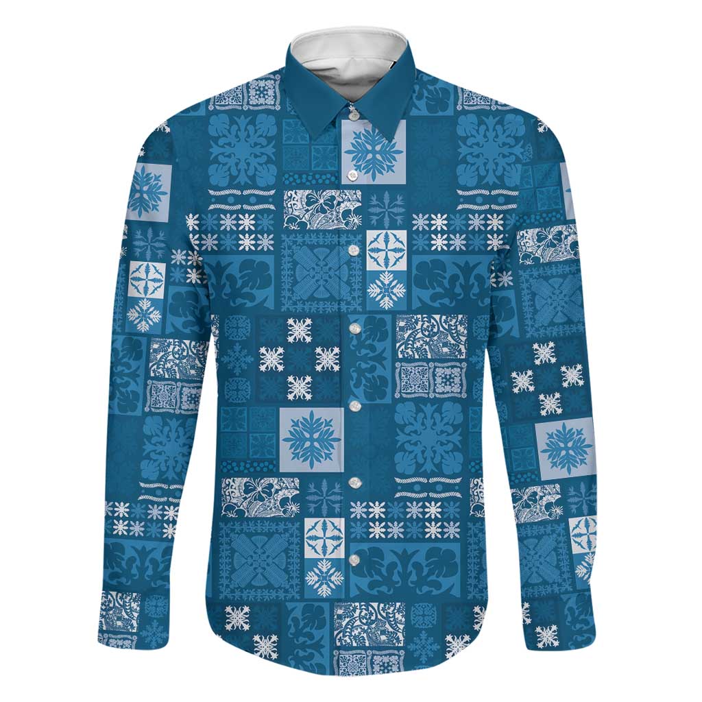 Vintage Hawaiian Quilting Patterns Family Matching Off The Shoulder Long Sleeve Dress and Hawaiian Shirt Blue Style Tribal Fabric Patchwork LT9 Dad's Shirt - Long Sleeve Blue - Polynesian Pride