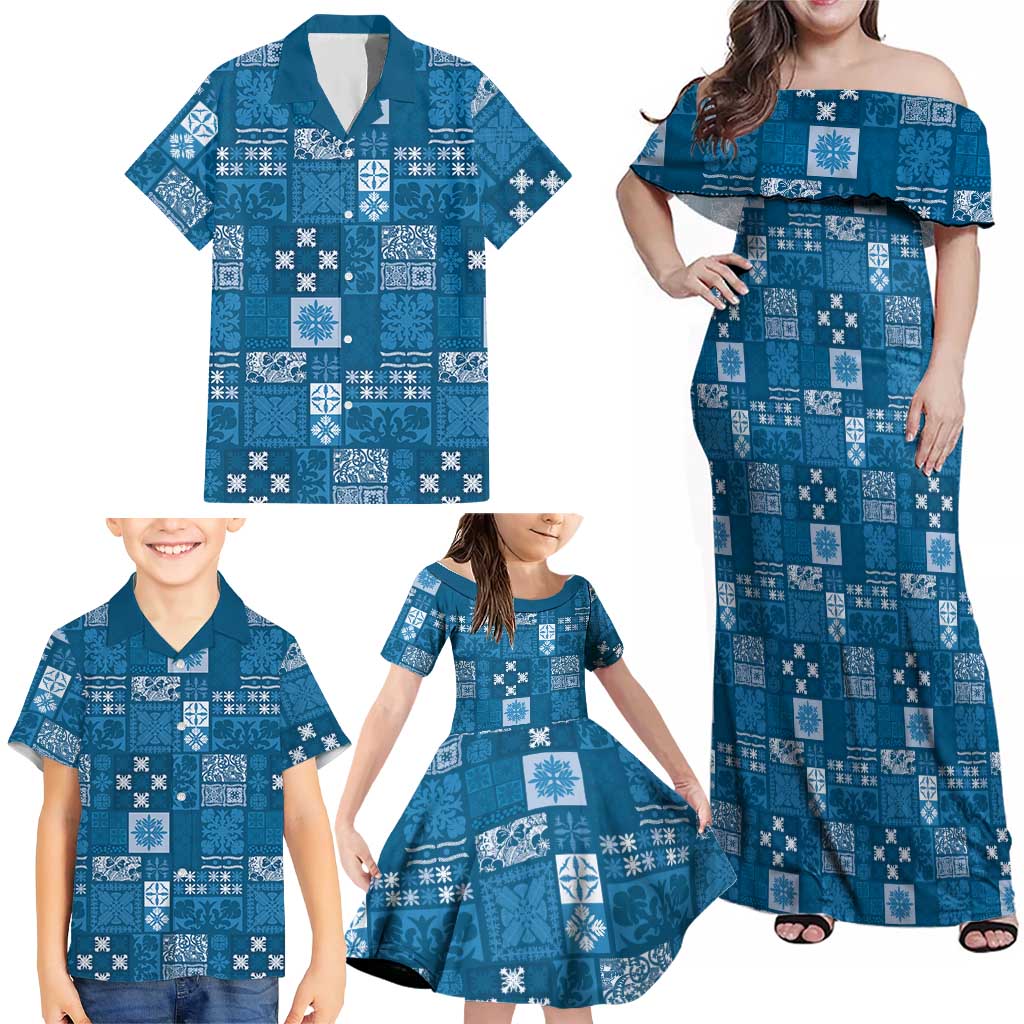 Vintage Hawaiian Quilting Patterns Family Matching Off Shoulder Maxi Dress and Hawaiian Shirt Blue Style Tribal Fabric Patchwork LT9 - Polynesian Pride