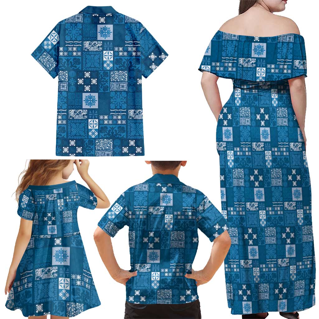 Vintage Hawaiian Quilting Patterns Family Matching Off Shoulder Maxi Dress and Hawaiian Shirt Blue Style Tribal Fabric Patchwork LT9 - Polynesian Pride