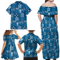 Vintage Hawaiian Quilting Patterns Family Matching Off Shoulder Maxi Dress and Hawaiian Shirt Blue Style Tribal Fabric Patchwork LT9 - Polynesian Pride