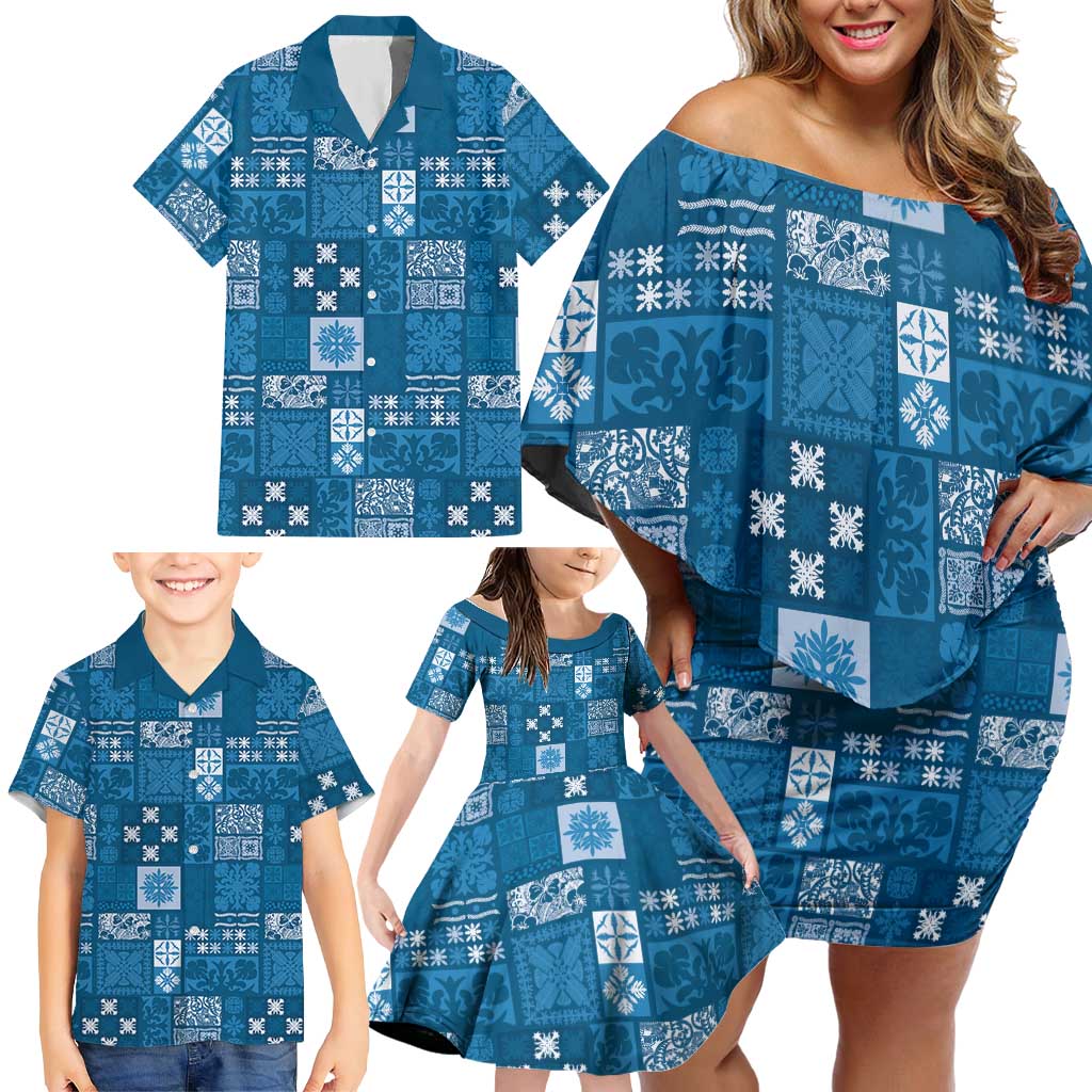 Vintage Hawaiian Quilting Patterns Family Matching Off Shoulder Short Dress and Hawaiian Shirt Blue Style Tribal Fabric Patchwork - Polynesian Pride