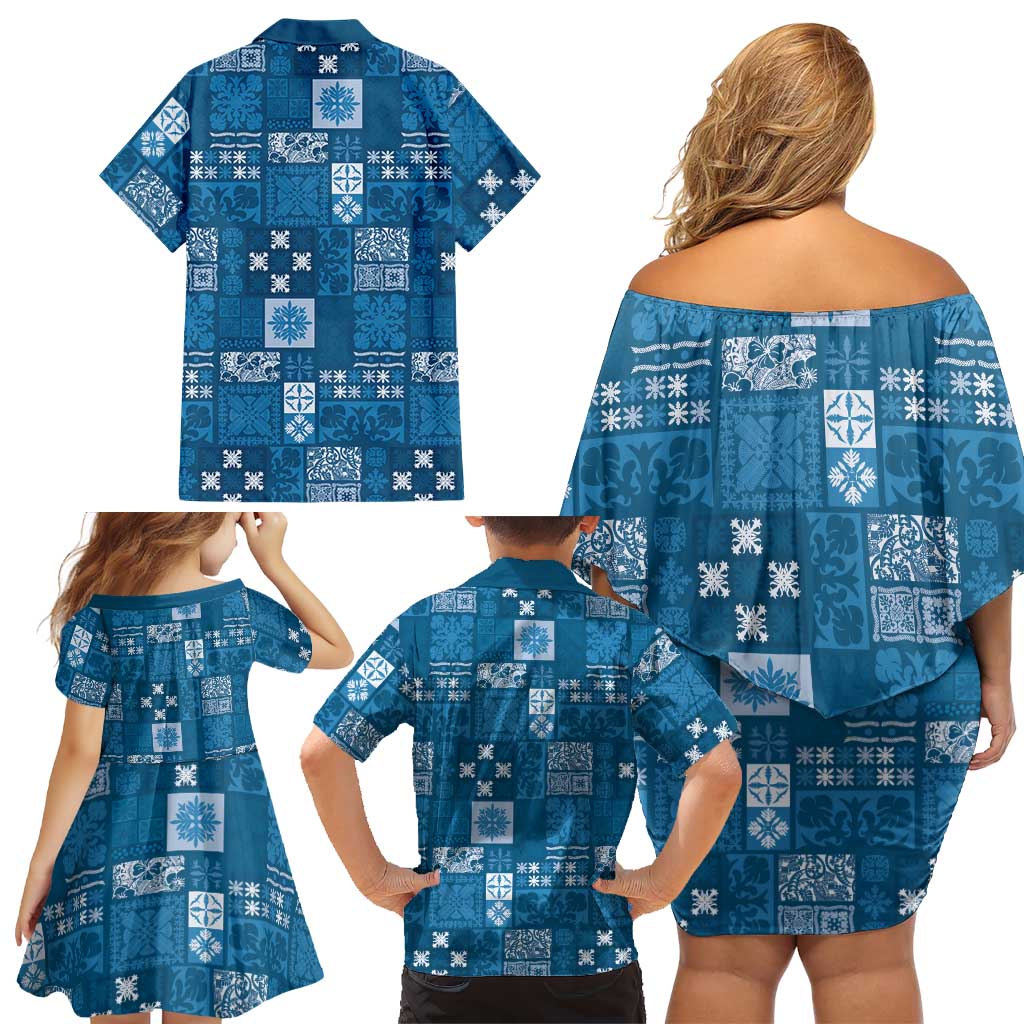Vintage Hawaiian Quilting Patterns Family Matching Off Shoulder Short Dress and Hawaiian Shirt Blue Style Tribal Fabric Patchwork LT9 - Polynesian Pride
