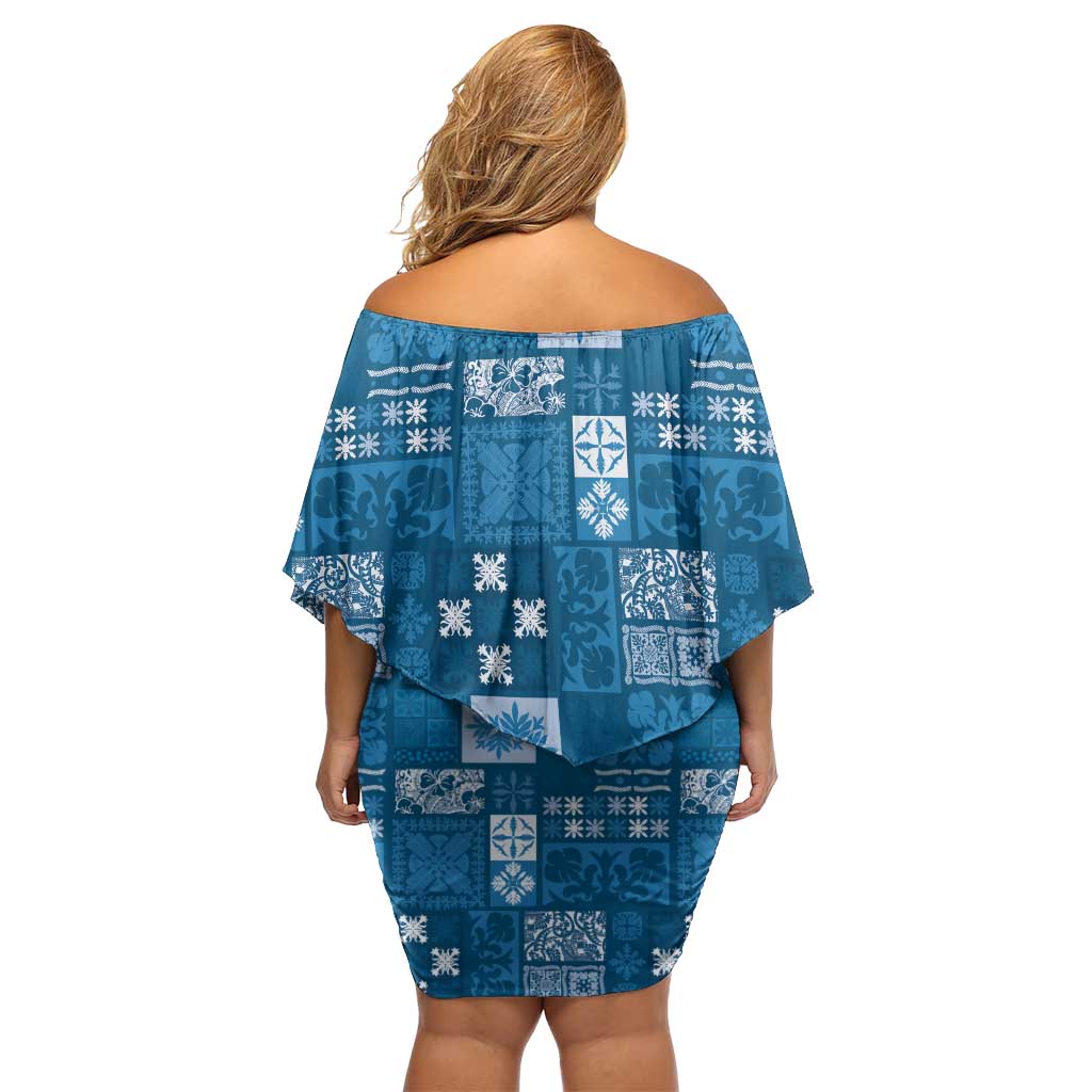 Vintage Hawaiian Quilting Patterns Family Matching Off Shoulder Short Dress and Hawaiian Shirt Blue Style Tribal Fabric Patchwork LT9 - Polynesian Pride