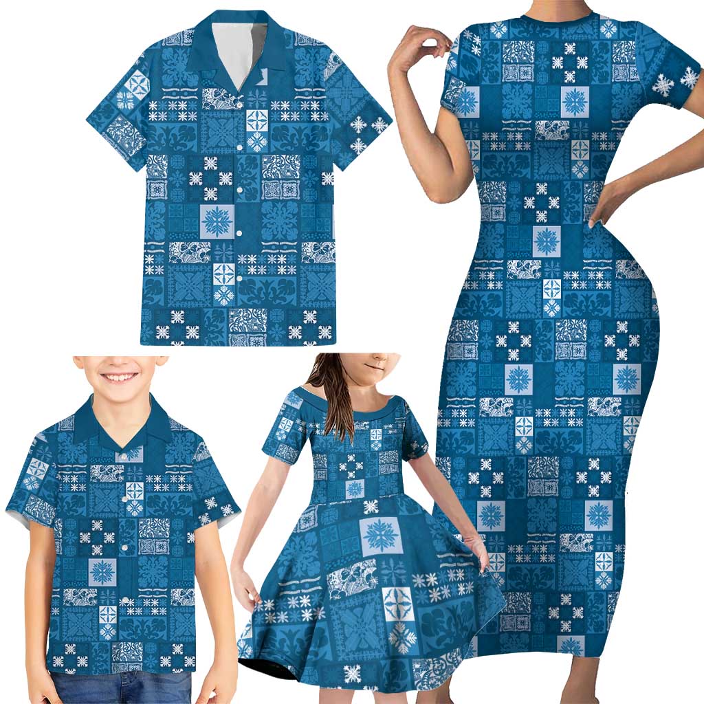 Vintage Hawaiian Quilting Patterns Family Matching Short Sleeve Bodycon Dress and Hawaiian Shirt Blue Style Tribal Fabric Patchwork LT9 - Polynesian Pride