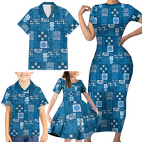 Vintage Hawaiian Quilting Patterns Family Matching Short Sleeve Bodycon Dress and Hawaiian Shirt Blue Style Tribal Fabric Patchwork LT9 - Polynesian Pride