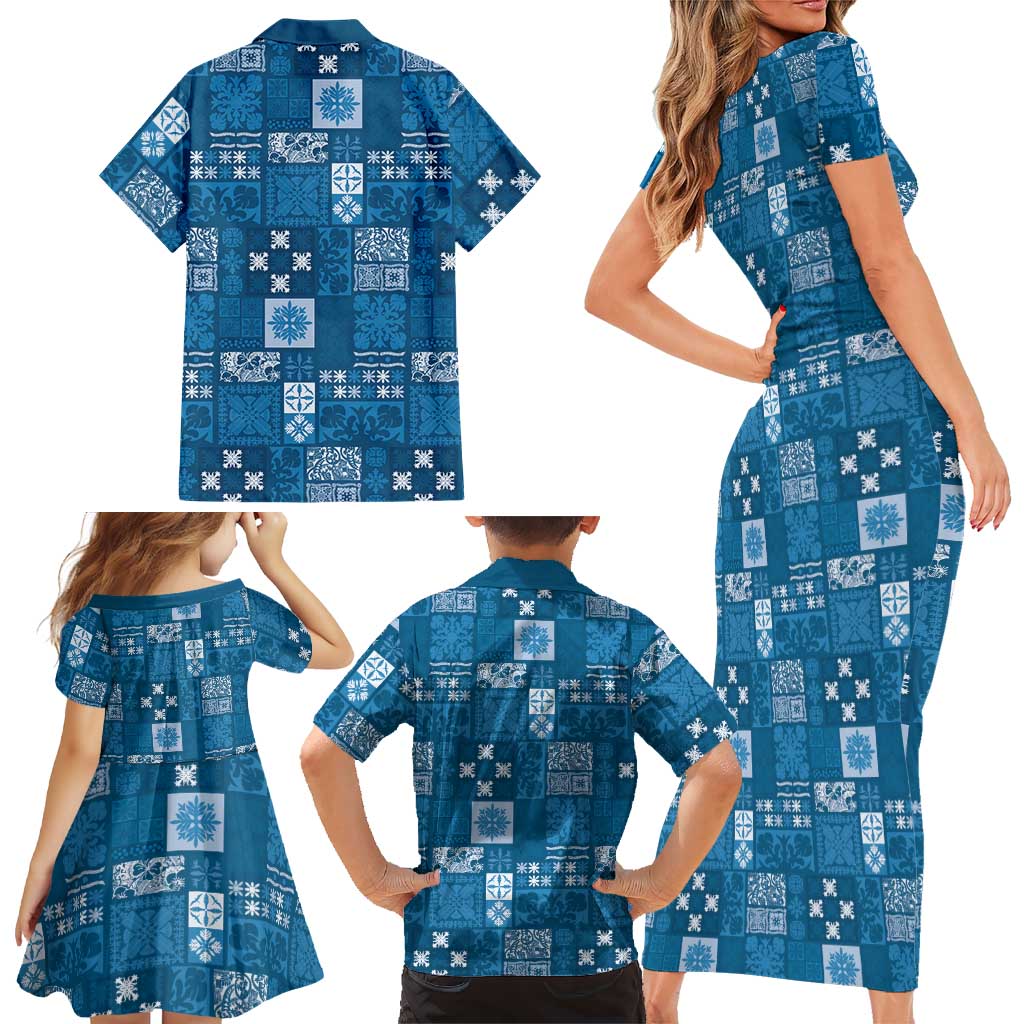 Vintage Hawaiian Quilting Patterns Family Matching Short Sleeve Bodycon Dress and Hawaiian Shirt Blue Style Tribal Fabric Patchwork LT9 - Polynesian Pride