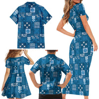 Vintage Hawaiian Quilting Patterns Family Matching Short Sleeve Bodycon Dress and Hawaiian Shirt Blue Style Tribal Fabric Patchwork LT9 - Polynesian Pride