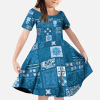 Vintage Hawaiian Quilting Patterns Family Matching Summer Maxi Dress and Hawaiian Shirt Blue Style Tribal Fabric Patchwork LT9 Daughter's Dress Blue - Polynesian Pride