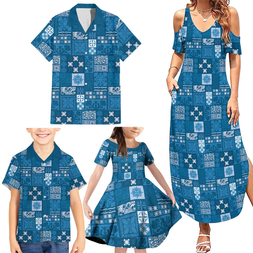 Vintage Hawaiian Quilting Patterns Family Matching Summer Maxi Dress and Hawaiian Shirt Blue Style Tribal Fabric Patchwork - Polynesian Pride