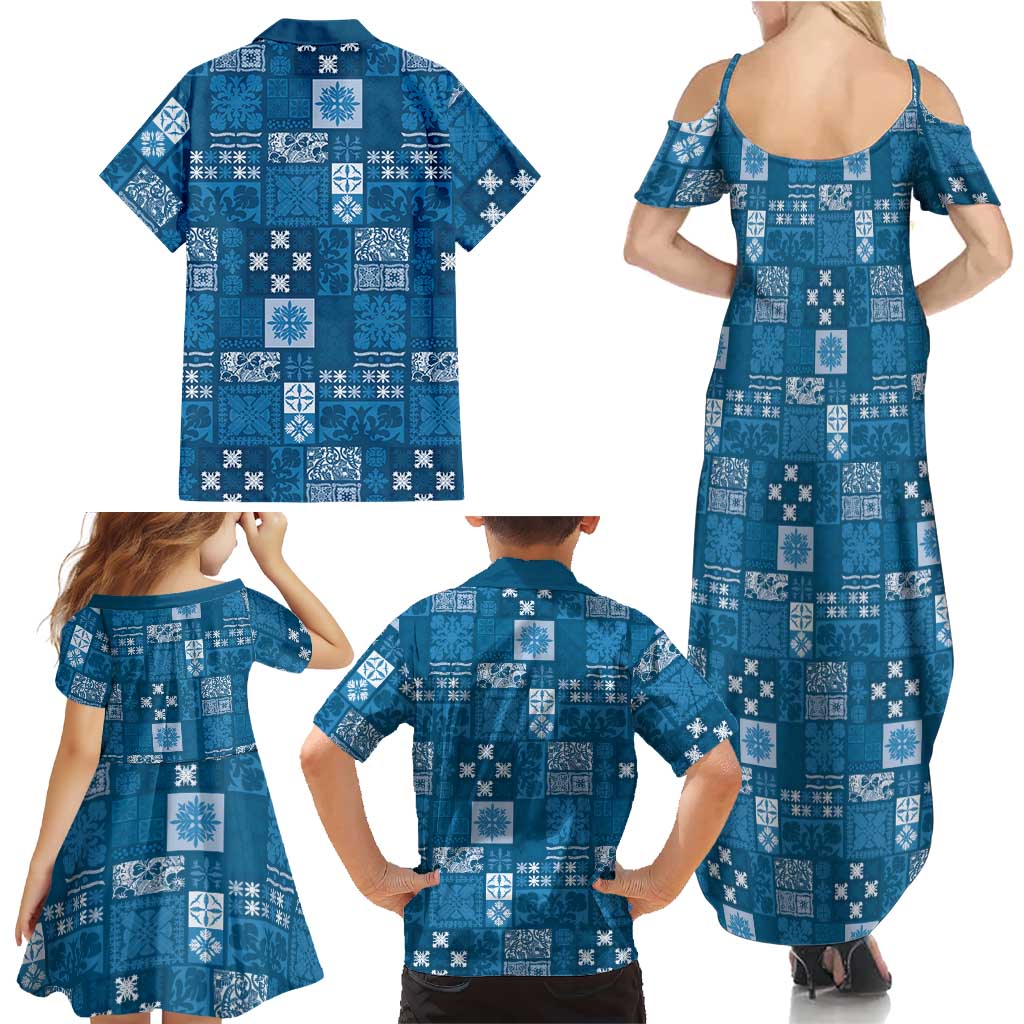 Vintage Hawaiian Quilting Patterns Family Matching Summer Maxi Dress and Hawaiian Shirt Blue Style Tribal Fabric Patchwork LT9 - Polynesian Pride