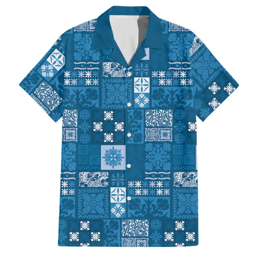 Vintage Hawaiian Quilting Patterns Family Matching Summer Maxi Dress and Hawaiian Shirt Blue Style Tribal Fabric Patchwork LT9 Dad's Shirt - Short Sleeve Blue - Polynesian Pride
