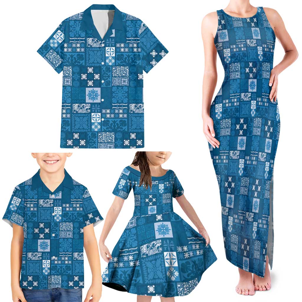 Vintage Hawaiian Quilting Patterns Family Matching Tank Maxi Dress and Hawaiian Shirt Blue Style Tribal Fabric Patchwork LT9 - Polynesian Pride