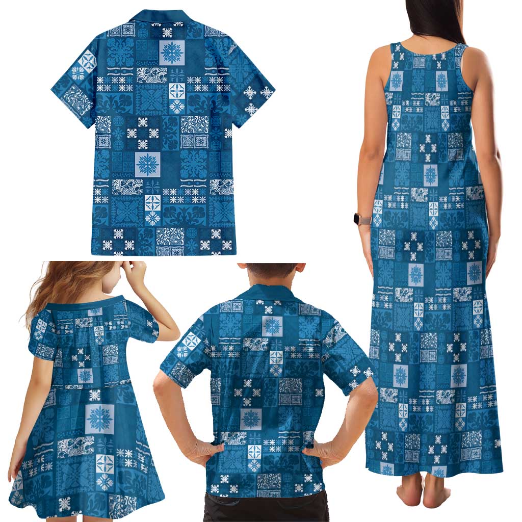 Vintage Hawaiian Quilting Patterns Family Matching Tank Maxi Dress and Hawaiian Shirt Blue Style Tribal Fabric Patchwork LT9 - Polynesian Pride