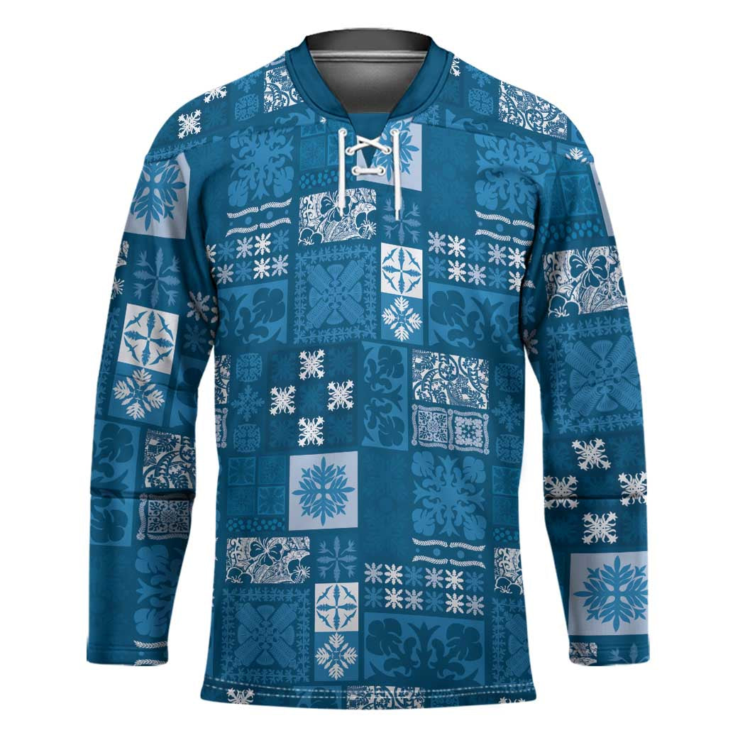 Vintage Hawaiian Quilting Patterns Hockey Jersey Blue Style Tribal Fabric Patchwork LT9 Unisex Blue - Polynesian Pride