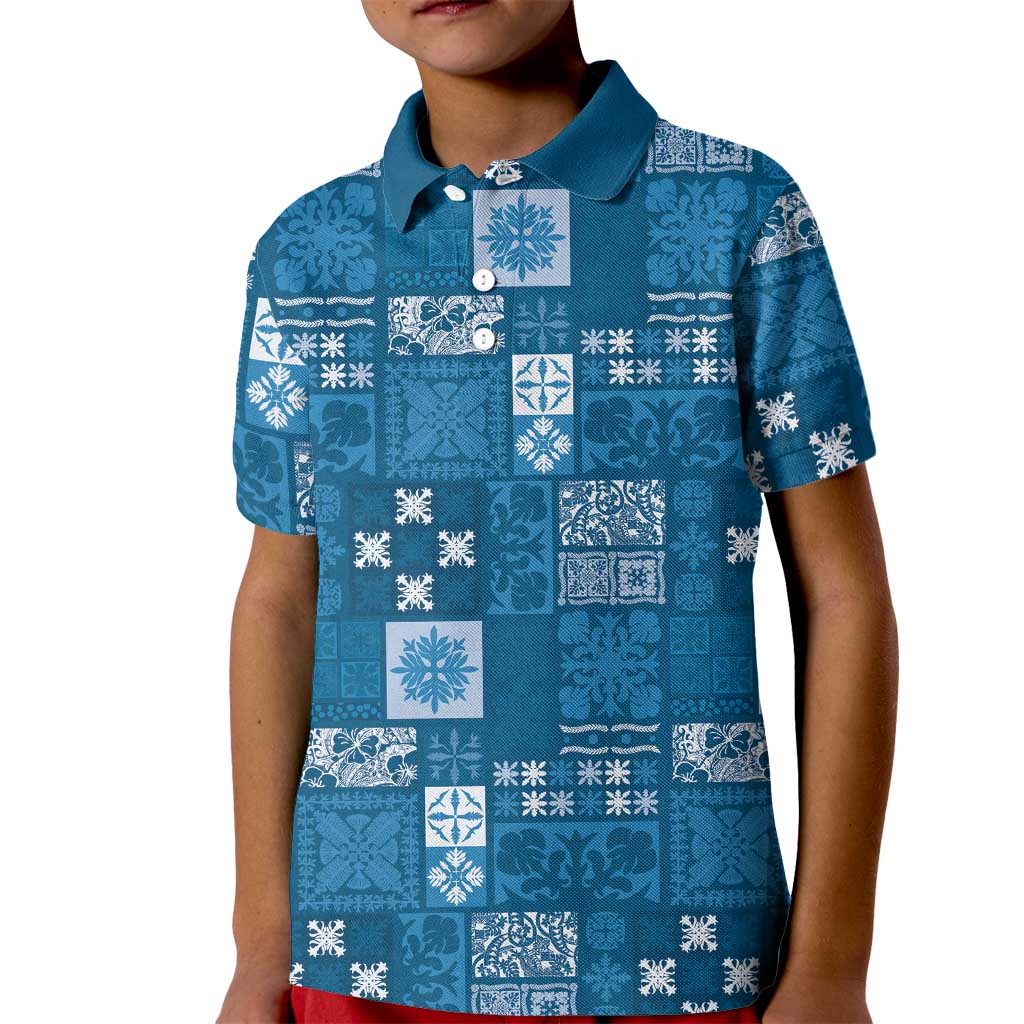 Vintage Hawaiian Quilting Patterns Kid Polo Shirt Blue Style Tribal Fabric Patchwork - Polynesian Pride