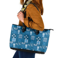 Vintage Hawaiian Quilting Patterns Leather Tote Bag Blue Style Tribal Fabric Patchwork - Polynesian Pride
