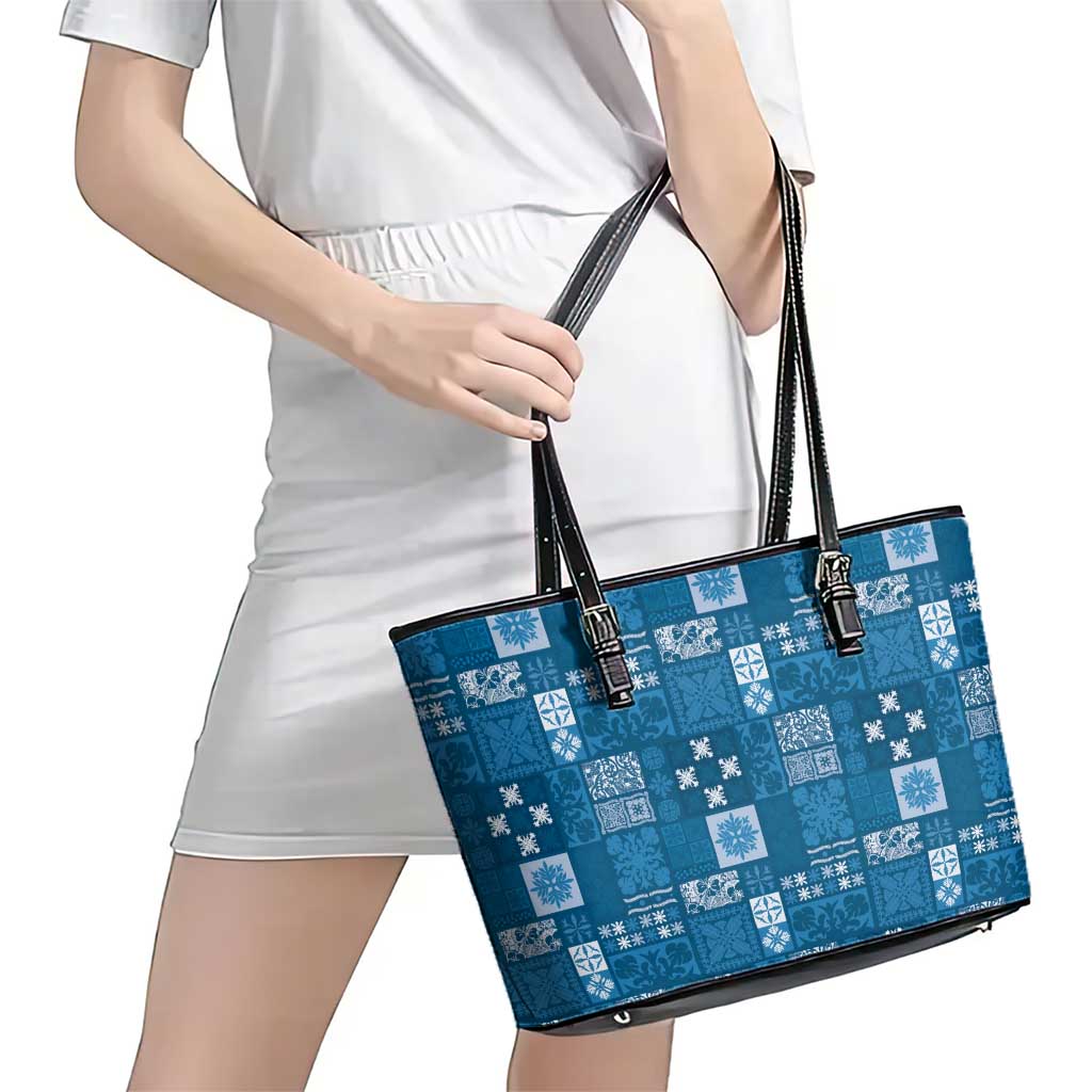 Vintage Hawaiian Quilting Patterns Leather Tote Bag Blue Style Tribal Fabric Patchwork - Polynesian Pride